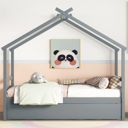 Twin Size House-shaped Bed with Trundle,Grey