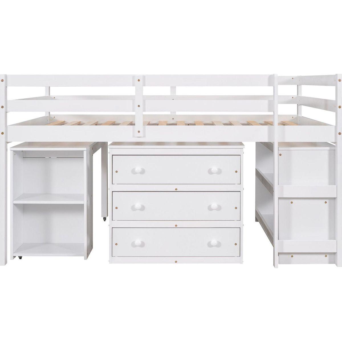 Low Study Full Loft Bed with Cabinet, Shelves and Rolling Portable Desk, Multiple Functions Bed- White