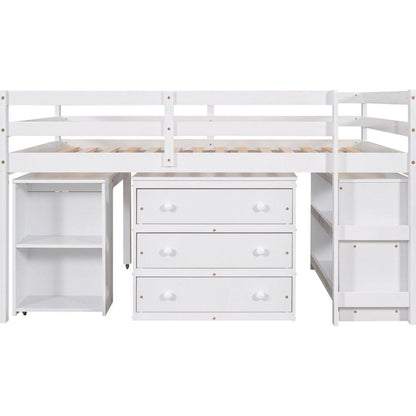 Low Study Full Loft Bed with Cabinet, Shelves and Rolling Portable Desk, Multiple Functions Bed- White