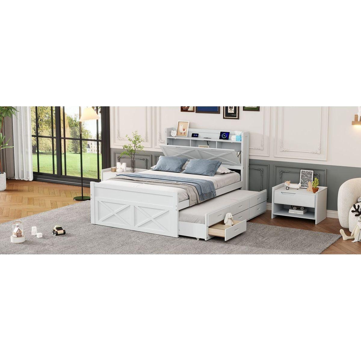 Full Size Wooden Bed with Storage Headboard with Outlets, Extendable Bed with Twin Size Trundle with Three Storage Drawers,White