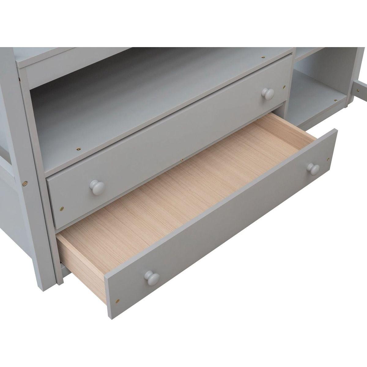 Full Size Loft Bed with Desk and Shelves,Two Built-in Drawers,Gray