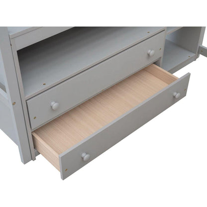 Full Size Loft Bed with Desk and Shelves,Two Built-in Drawers,Gray