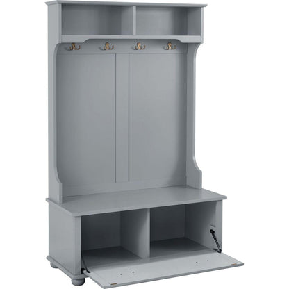 Classic Cosatal Style Hall Tree Entryway Bench with Open Shelves and Shoe Cabinets, SOLID WOOD Feet, Gray, 40"Wx18.5"Dx64.5"H