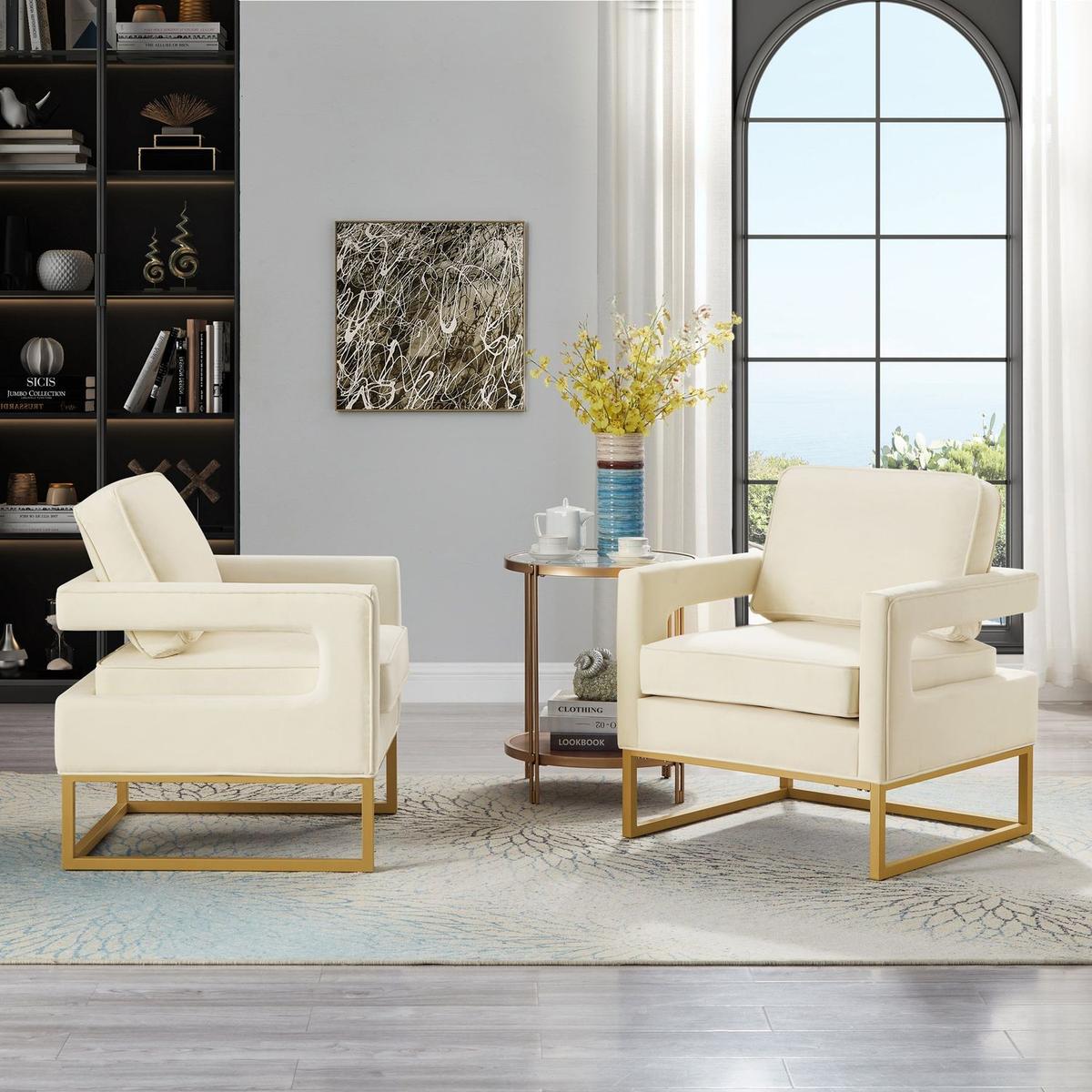 Modern Style Accent Chair with Gold Metal Base, Velvet Upholstered Leisure Chair with Open Armrest, Armchair, Cream