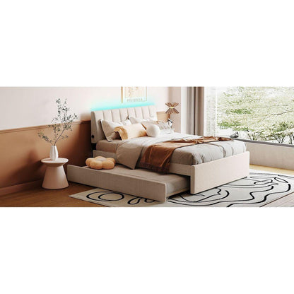 Teddy Fleece Full Size Upholstered Platform Bed with Trundle, Beige