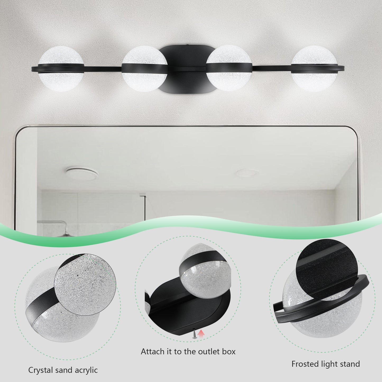 Modern Minimalist Bathroom Vanity Light, LED 4 Bulb Frosted Glass Shades, Wall Mounted Decorative Lighting Fixture, Suitable for Bathroom Vanity Mirror (Black)