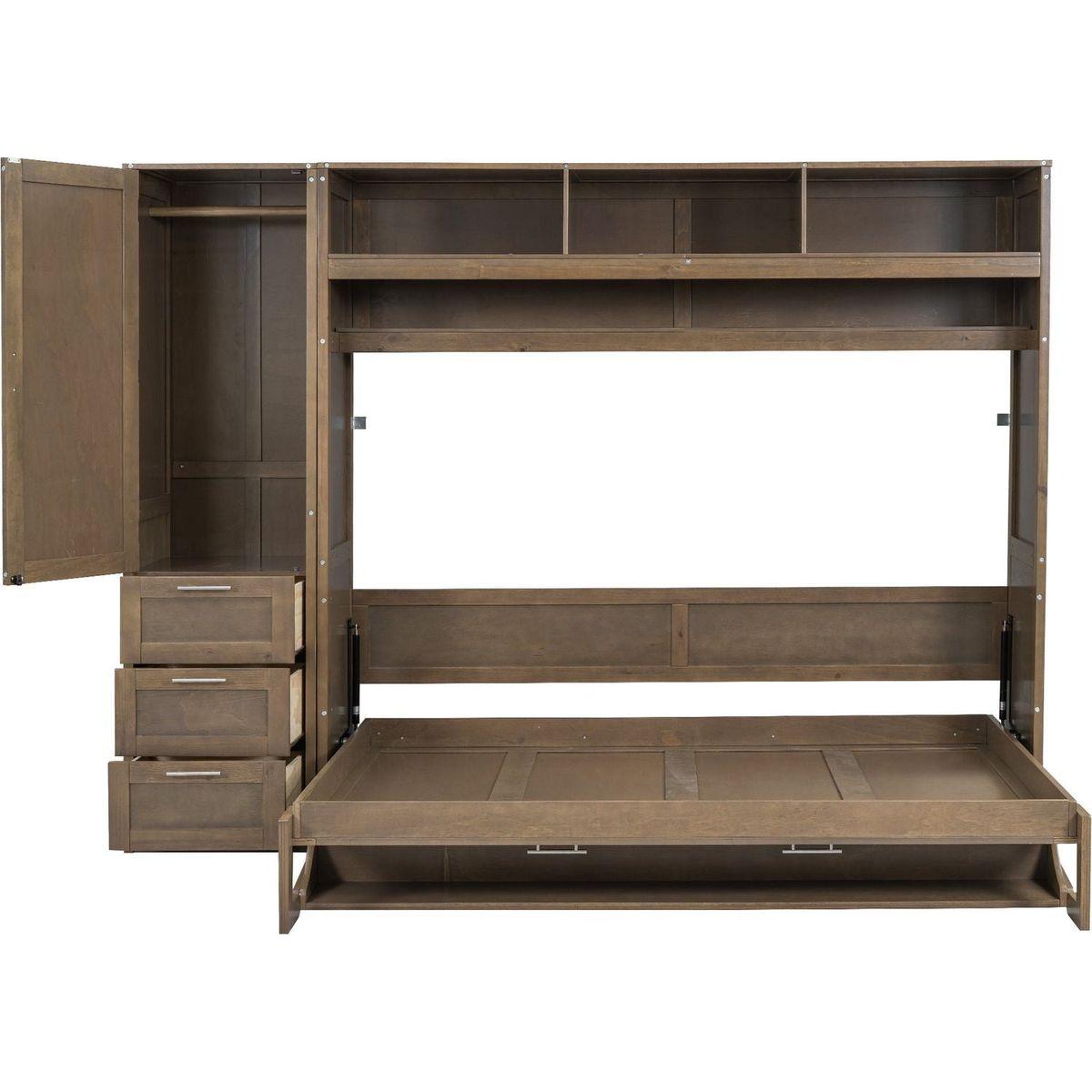 Full Size Murphy Bed with Wardrobe, Drawers and Open Shelves, Antique Grey