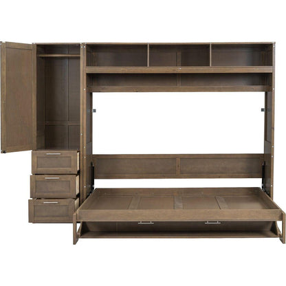 Full Size Murphy Bed with Wardrobe, Drawers and Open Shelves, Antique Grey