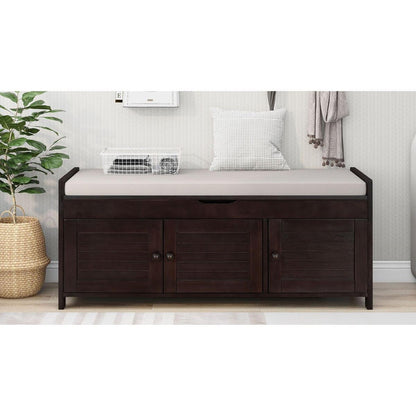Storage Bench with 3 Shutter-shaped Doors, Shoe Bench with Removable Cushion and Hidden Storage Space (Espresso