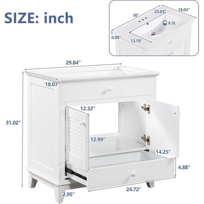 30" Bathroom Vanity Base without Sink, Bathroom Cabinet with Two Doors and One Drawer, White