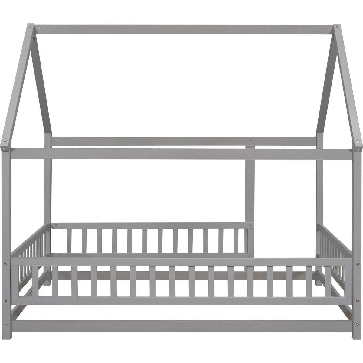Full Size Floor Wooden Bed with House Roof Frame, Fence Guardrails, Grey