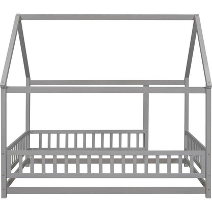 Full Size Floor Wooden Bed with House Roof Frame, Fence Guardrails, Grey