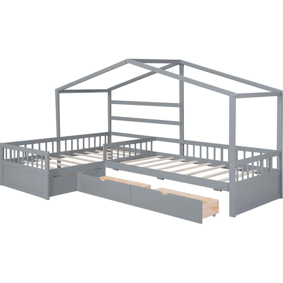 Twin Size House Platform Bed with Three Storage Drawers,Gray