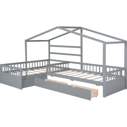 Twin Size House Platform Bed with Three Storage Drawers,Gray
