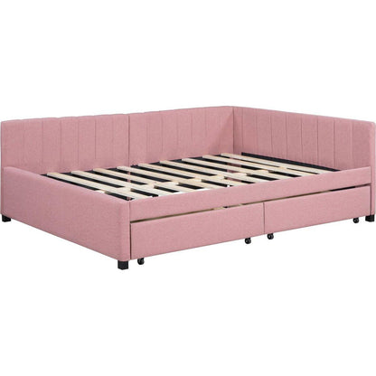 Full Size Upholstered Daybed with 2 Storage Drawers Sofa Bed Frame No Box Spring Needed, Linen Fabric (Pink)