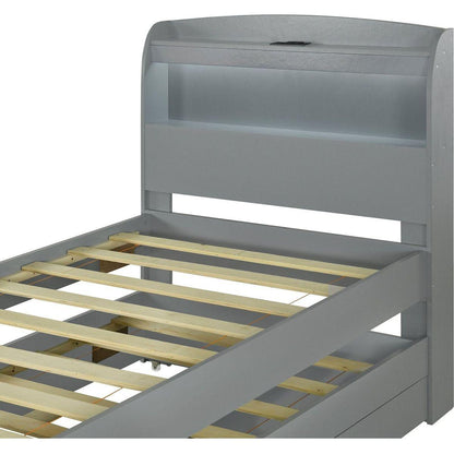 Twin XL Size Platform Bed with Storage LED Headboard, Charging Station, Twin Size Trundle and 2 Drawers, Gray