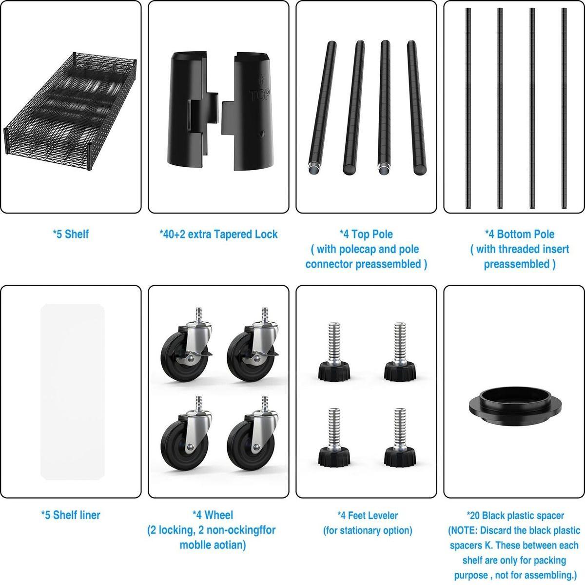 5 Tier 7500lbs Heavy Duty Adjustable Storage Rack Metal Shelf Wire Shelving Unit with Wheels & Shelf Liners - 82" H x 60" L x 24" D - Black