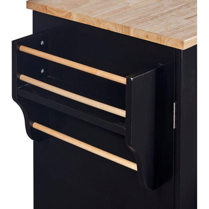 Rolling Kitchen Island with Storage, Kitchen Cart with Rubber Wood Top, 3 Drawer, 2 Slide-Out Shelf and Internal Storage Rack, Kitchen Island on Wheels with Spice Rack & Tower Rack, Black