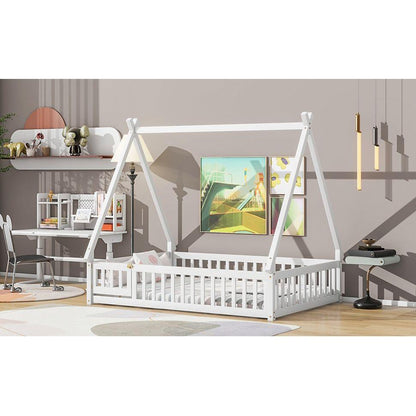 Full Tent-shaped Floor Bed, with Guardrails, Slats, Door, White