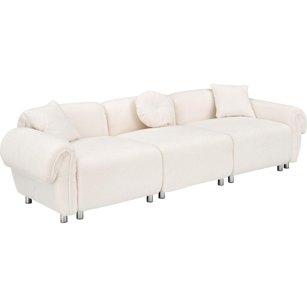 beige teddy-wool fabric with 3 pillows, three-seat sofa can be placed in living room and other scenes