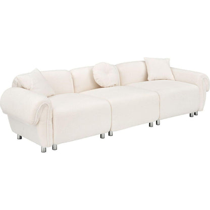 beige teddy-wool fabric with 3 pillows, three-seat sofa can be placed in living room and other scenes
