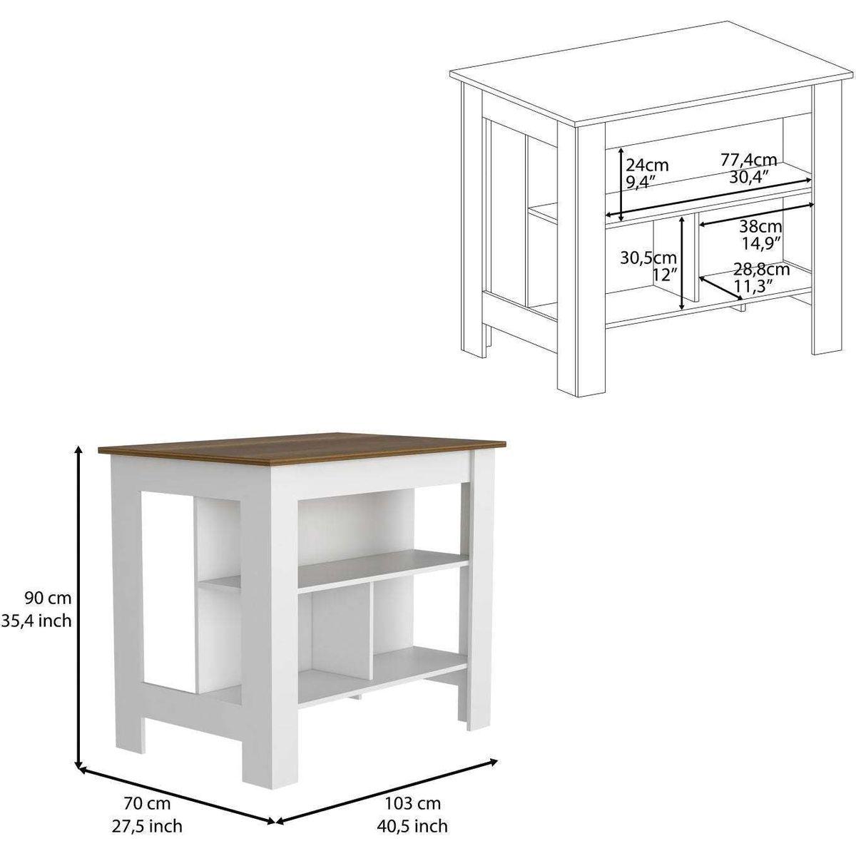 Kitchen Island, kitchen table 35" H, Four Legs, Three Open Storage Shelves, White / Walnut