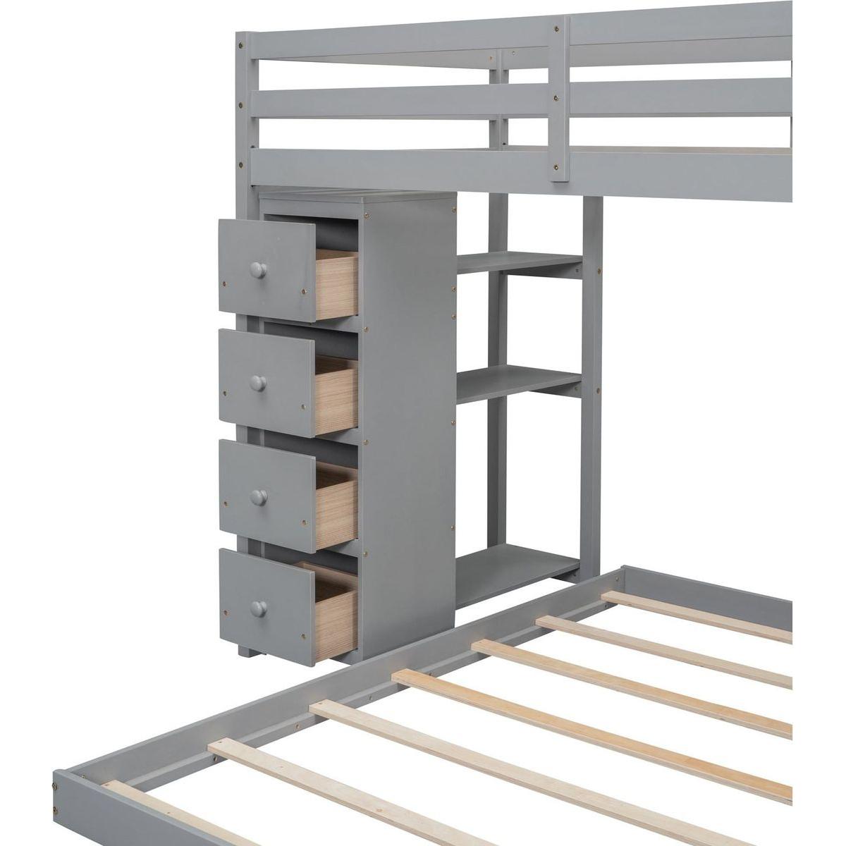 Twin Over Full Bunk Bed with 3-layer Shelves, Drawers and Storage Stairs, Gray