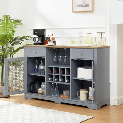 Modern Farmhouse Buffet Cabinet, Sideboard with 2 Drawers and Elegant Glass Door Cabinets, Wine and Glass Rack, Coffee Bar for Kitchen, Dining Room, Light Blue and Light Oak, 56.46"Wx15.55"Dx35.74"H