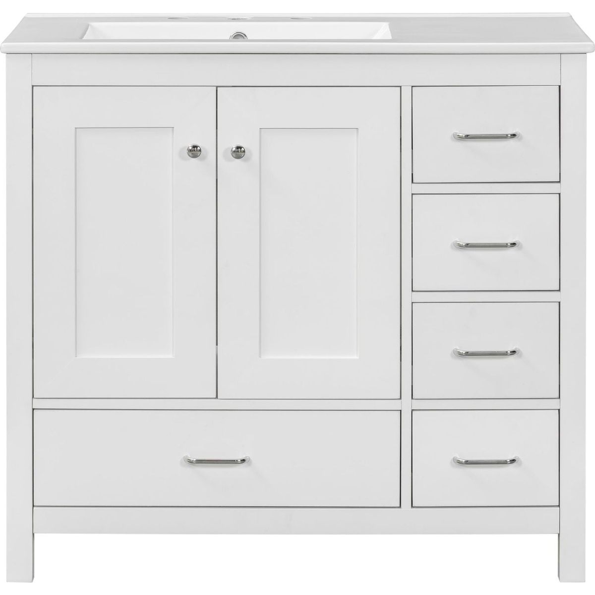 36" White Bathroom Vanity with Ceramic Sink Combo, Abundant Storage Cabinet -2 Soft-close doors and 5 drawers