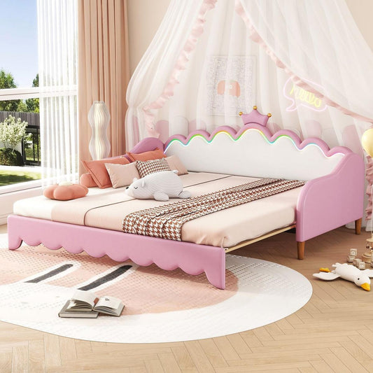 Twin Extending Daybed with LED Lights, Modern Upholstered Princess Daybed With Crown Headboard,Pink
