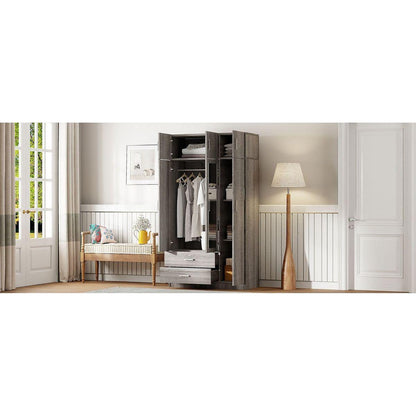 3-Door Mirror Wardrobe with 2 Drawers and Top Cabinet,Gray