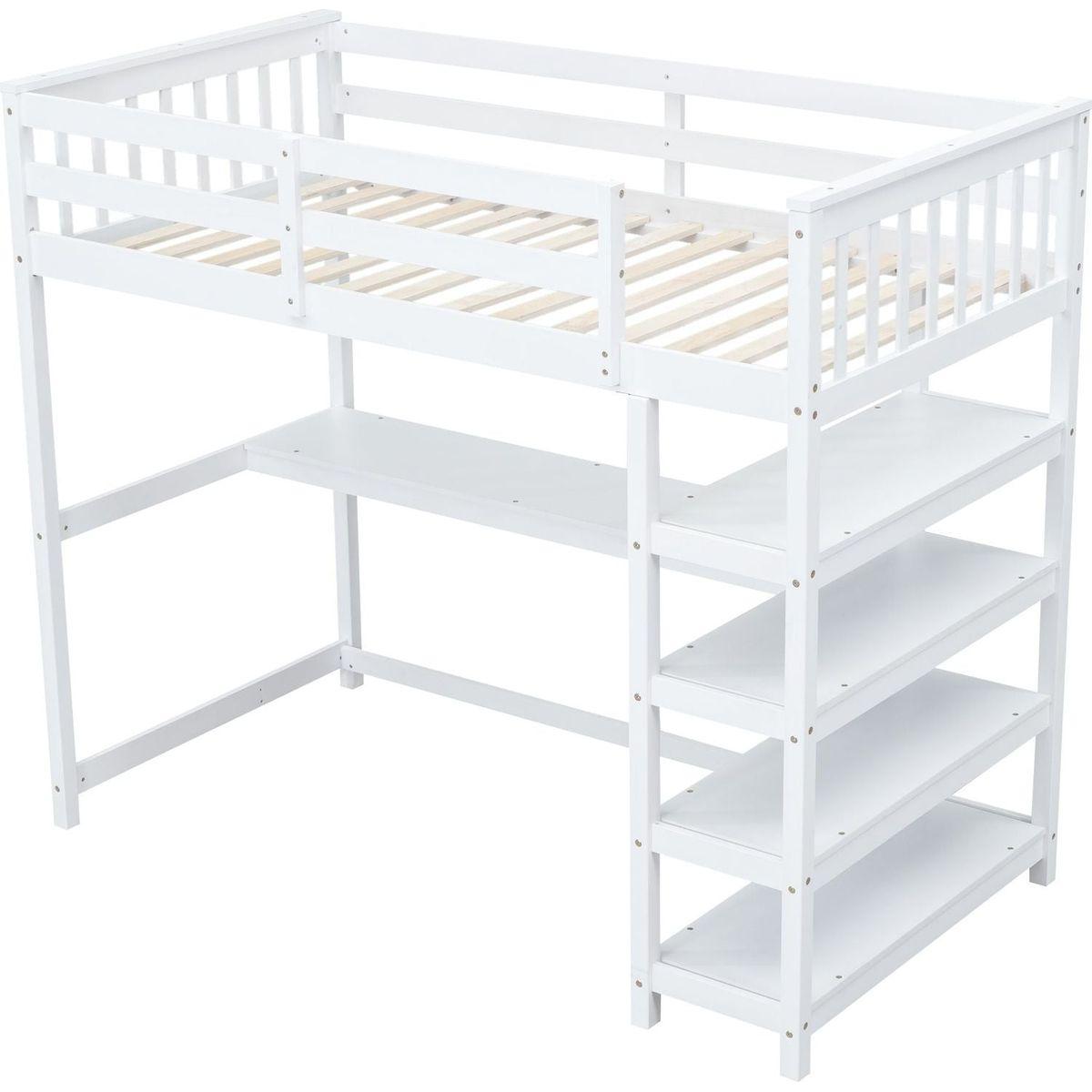 Twin Size Loft Bed with Storage Shelves and Under-bed Desk, White