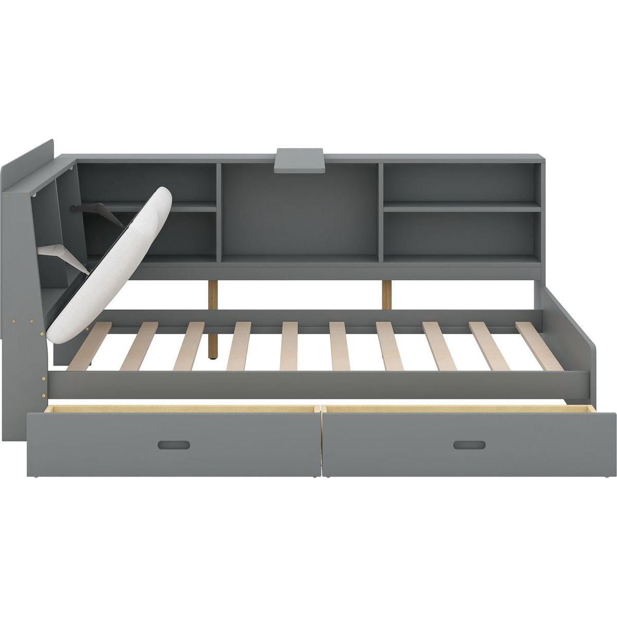 Wood Twin Size platform bed with Storage Headboard, Shelves and 2 Drawers, Gray