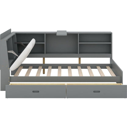 Wood Twin Size platform bed with Storage Headboard, Shelves and 2 Drawers, Gray