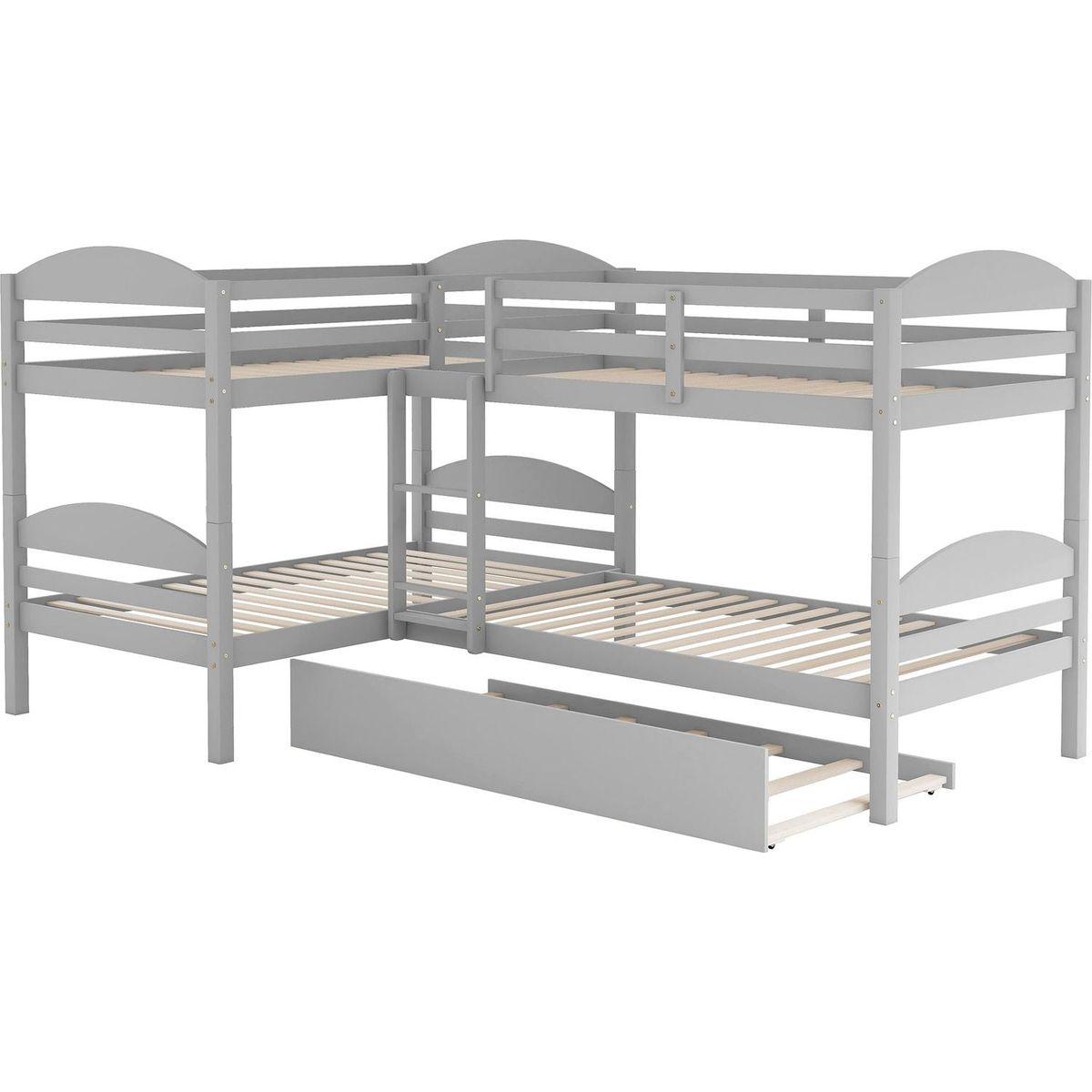 Twin L-Shaped Bunk bed with Trundle-Gray{O