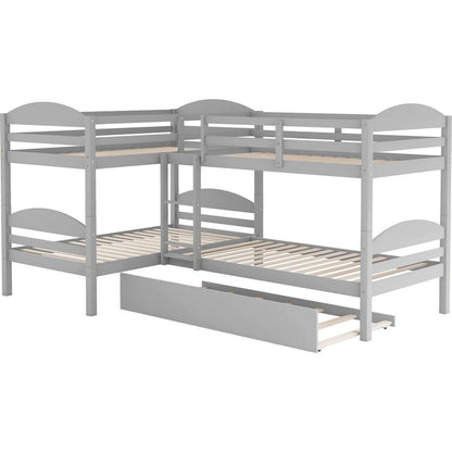 Twin L-Shaped Bunk bed with Trundle-Gray{O