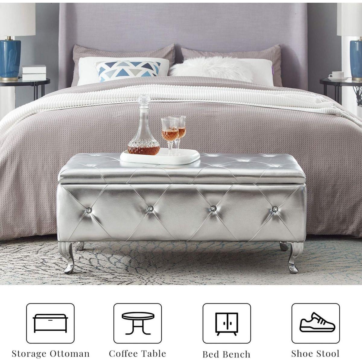 Upholstered Storage Ottoman Bench For Bedroom End Of Bed Faux Leather Rectangular Storage Benches Footrest With Crystal Buttons For Living Room Entryway (Silver)