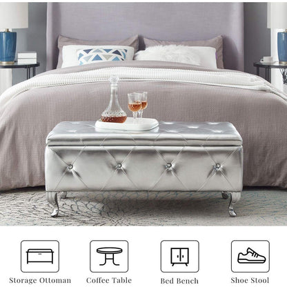 Upholstered Storage Ottoman Bench For Bedroom End Of Bed Faux Leather Rectangular Storage Benches Footrest With Crystal Buttons For Living Room Entryway (Silver)