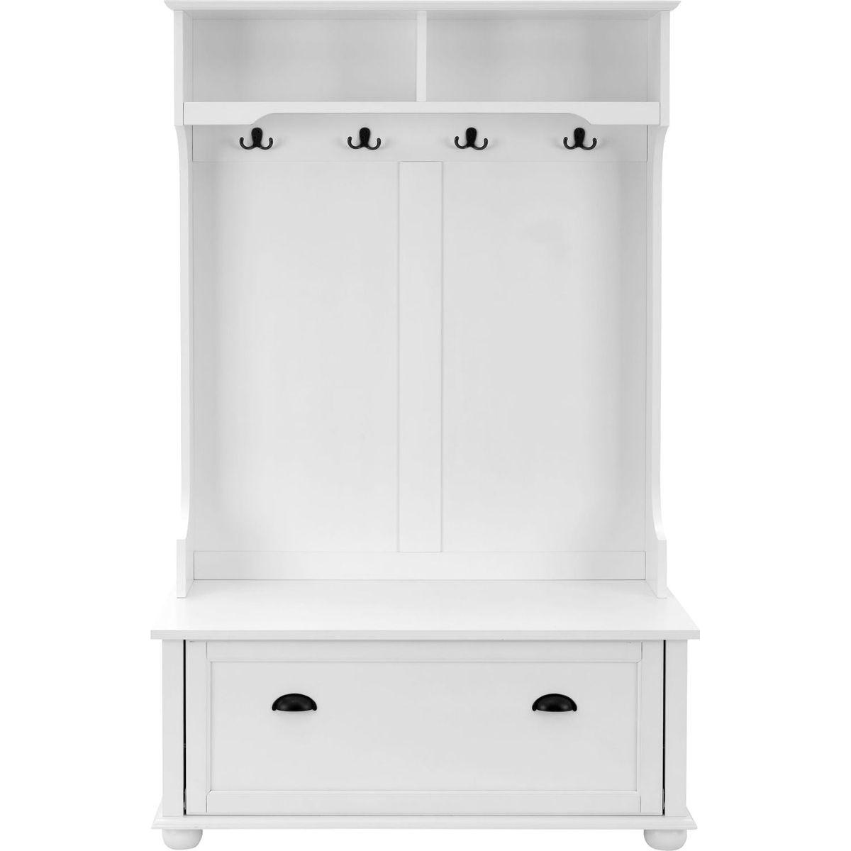 Classic Cosatal Style Hall Tree Entryway Bench with Open Shelves and Shoe Cabinets, SOLID WOOD Feet, White, 40.16"Wx18.58"Dx64.17"H