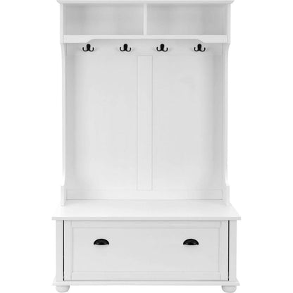 Classic Cosatal Style Hall Tree Entryway Bench with Open Shelves and Shoe Cabinets, SOLID WOOD Feet, White, 40.16"Wx18.58"Dx64.17"H