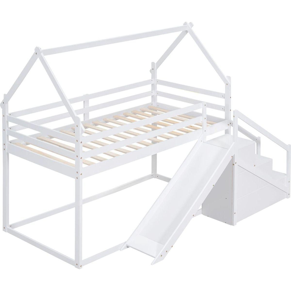 Twin over Twin House Loft or Bunk Bed with Slide and Staircase, White