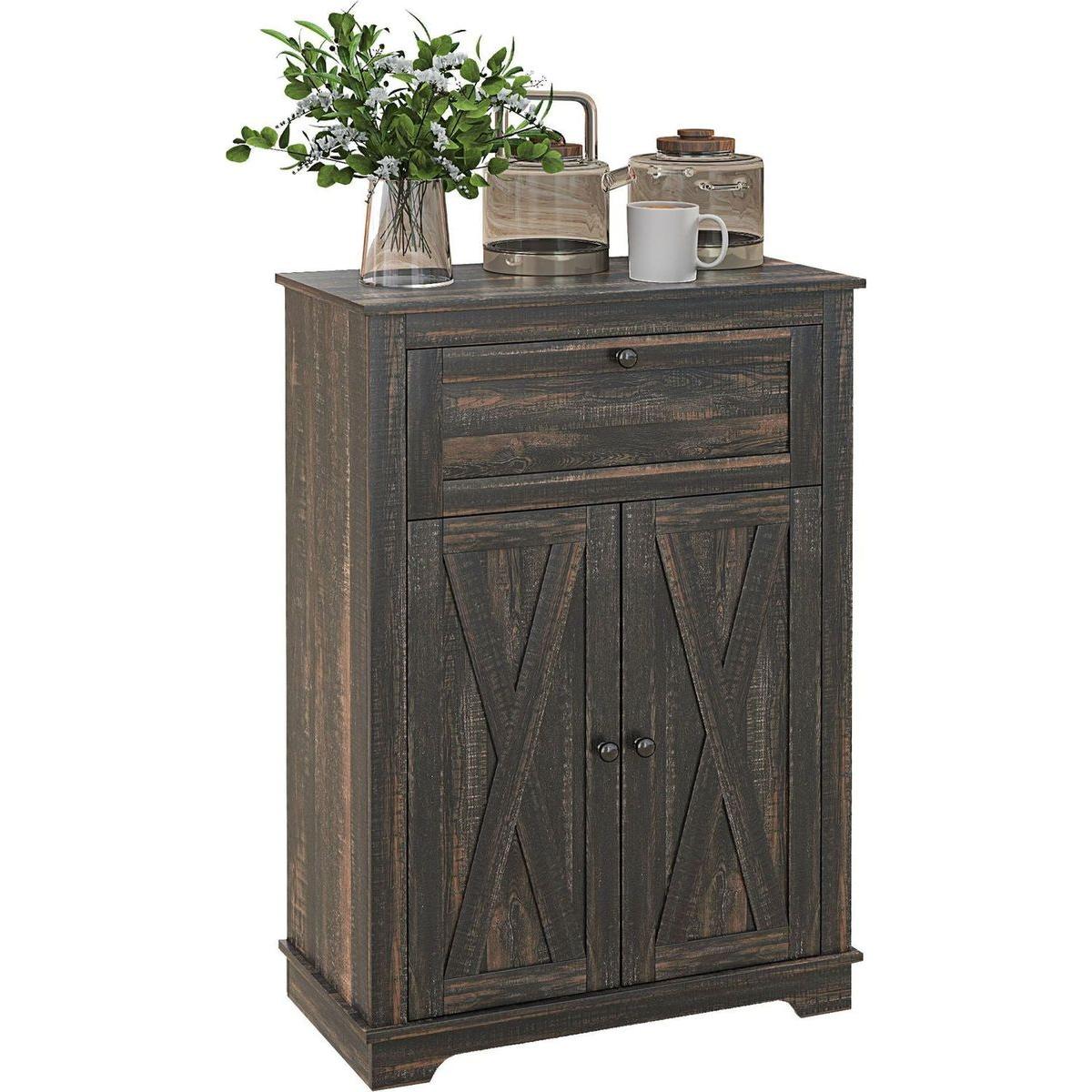 Farmhouse Barn Door Accent Cabinet, Kitchen Sideboard Storage Cabinet with Double Doors, Drawer, and Adjustable Shelf for Bedroom, Living Room, Dark Brown