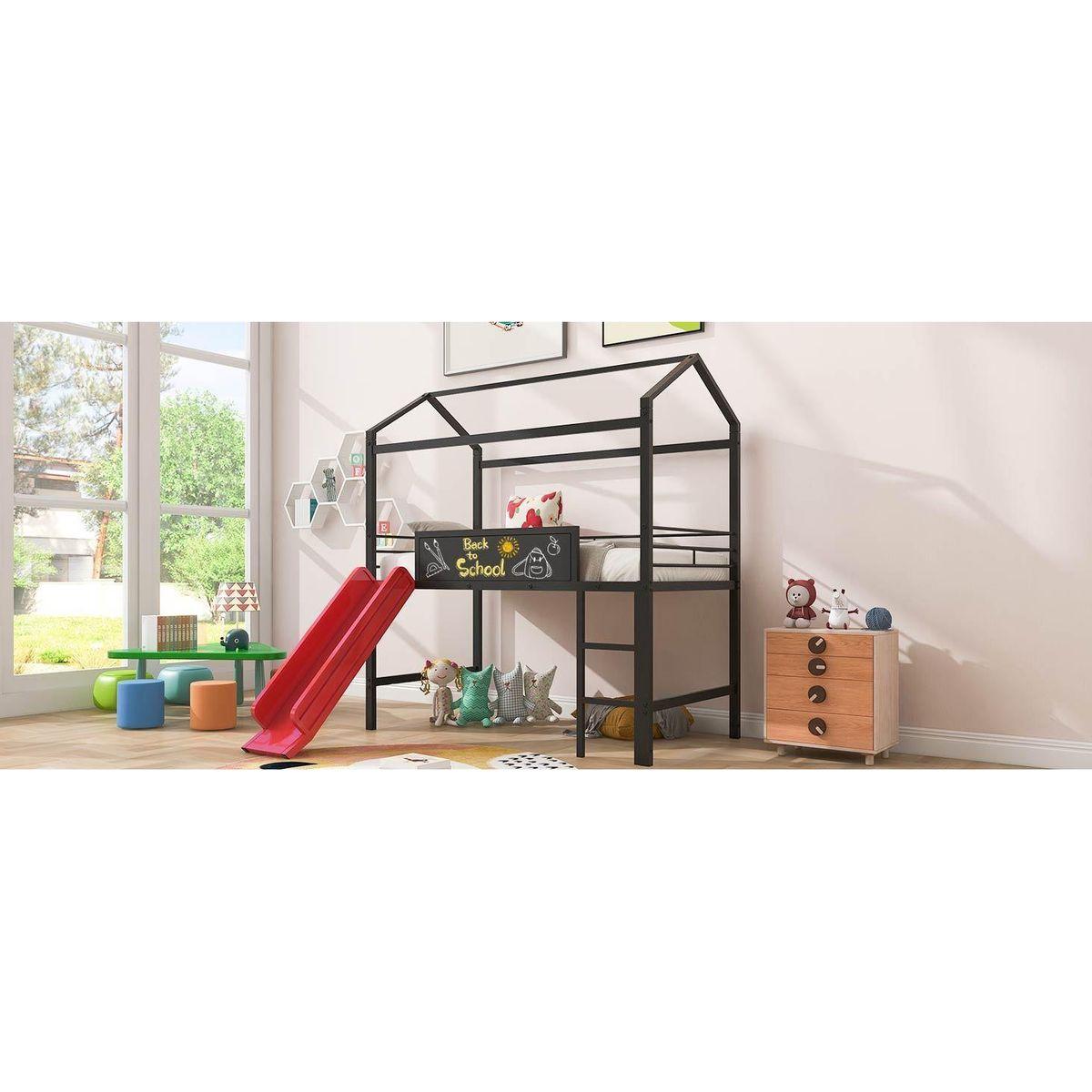 Metal House Bed With Slide, Twin Size Metal Loft Bed with Two-sided writable Wooden Board (Black and Red)