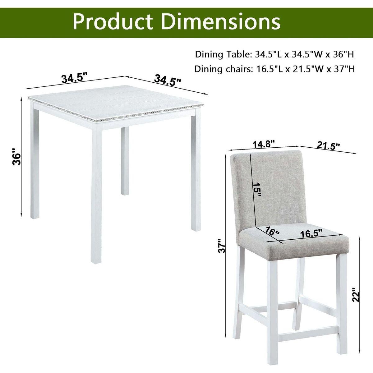 5 Piece Counter Height Table Set, Wooden Kitchen Table Set with Square Table and 4 Upholstered Chairs, Counter Height Dining Table with Crystal Decoration and Chair Set for Kitchen, Dining Room,White