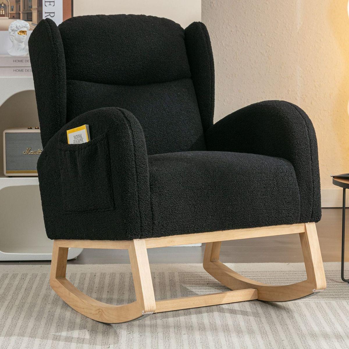 Teddy Fabric Rocking Chair With Packet Wood Legs,Black