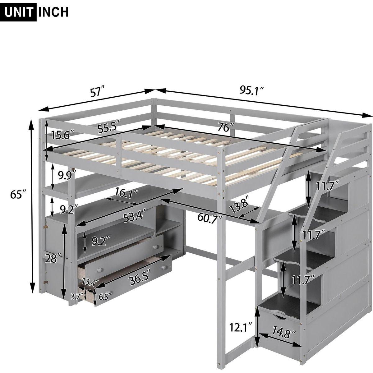 Full Size Loft Bed with Desk and Shelves, Two Built-in Drawers, Storage Staircase, Gray