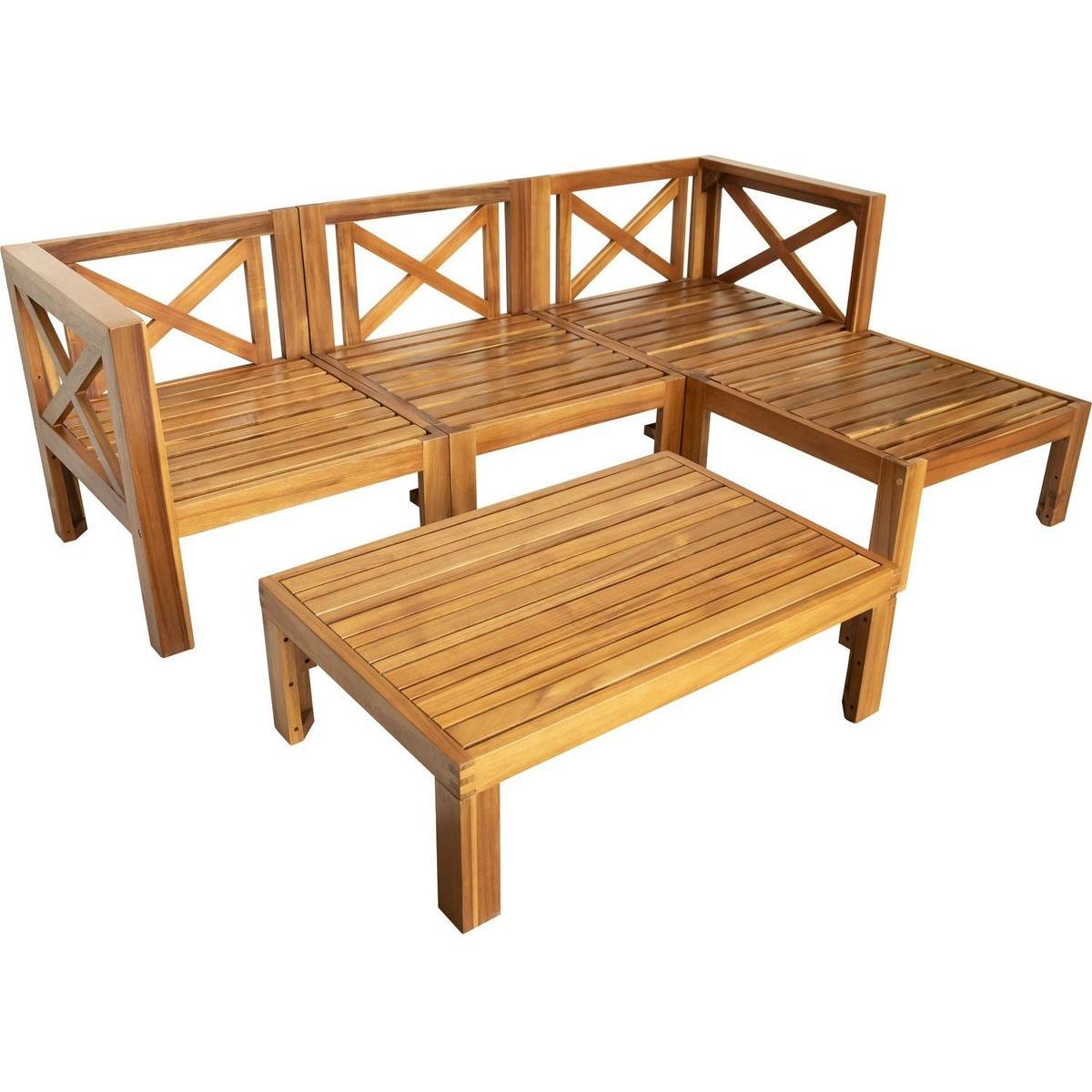Outdoor Backyard Patio Wood 5-Piece Sectional Sofa Seating Group Set with Cushions, Natural Finish+ Blue Cushions