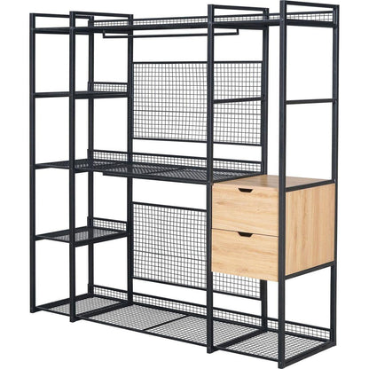 Open-Style Wardrobe with Hanging Rails, Shelves and Drawers, Black