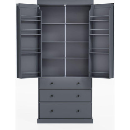 [Assembly Video Provided]77inch Farmhouse Kitchen Pantry, Freestanding Tall Cupboard Storage Cabinet with 3 Adjustable Shelves, 8 Door Shelves, 3 Drawers for Kitchen, Dining Room, Gray