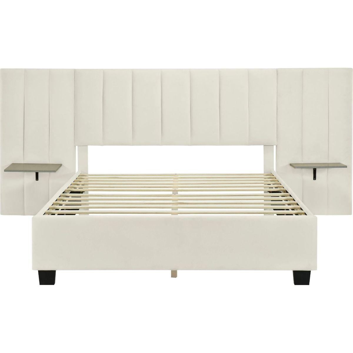 Queen Size Upholstered Platform Bed with Big Headboard, Bedroom Furniture, Velvet, Beige
